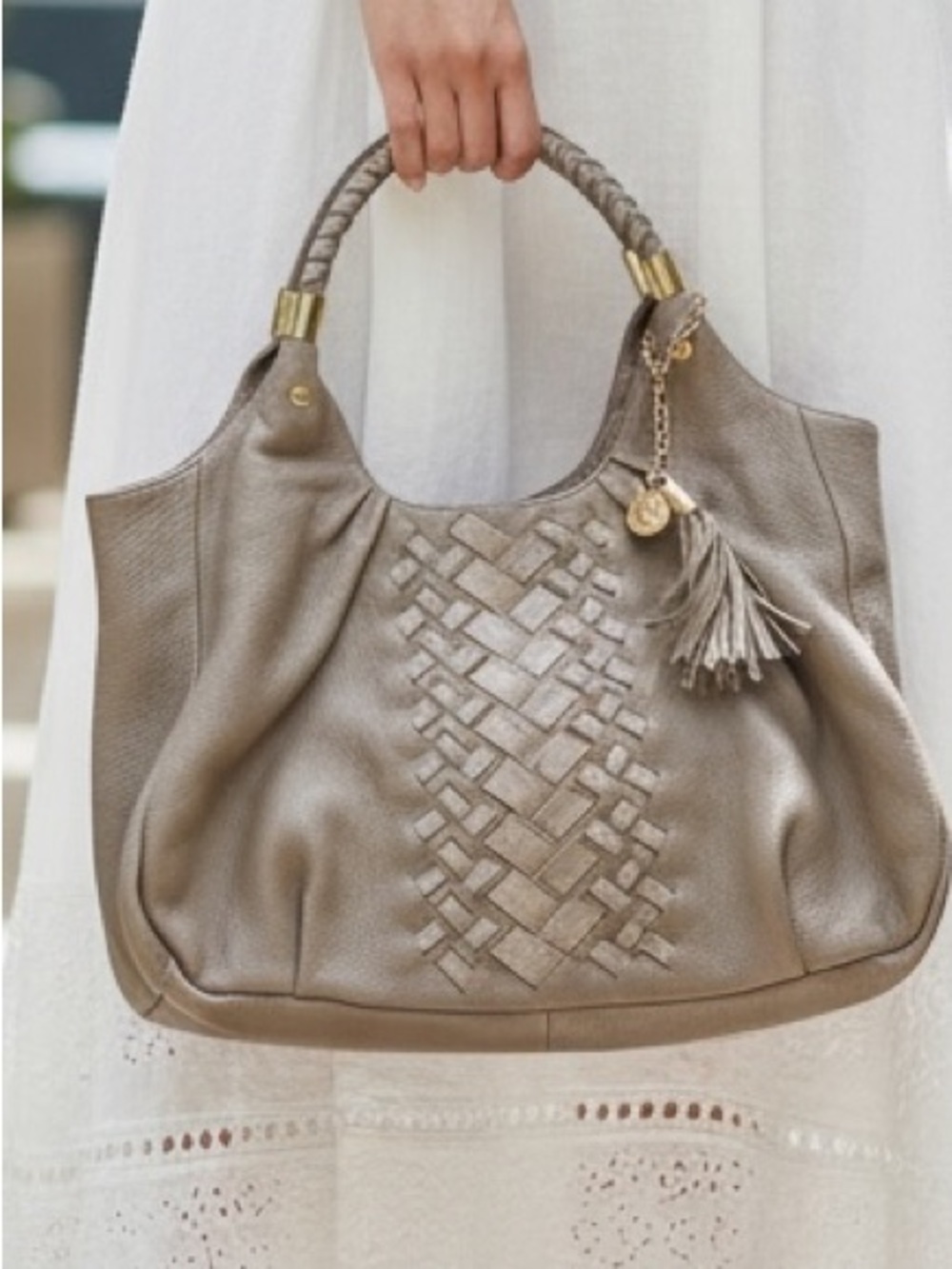 Stunning Brahmin Dreamweaver Taupe Leather Satchel with Woven Patchwork&Braided